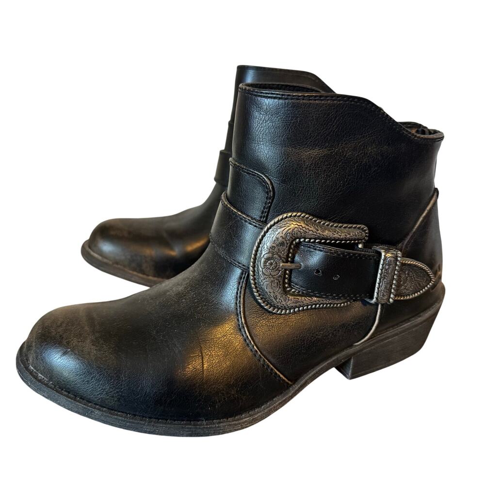 Billabong Ankle Boots Womens 7.5 Western Black Distressed Buckle Line Dance Boho